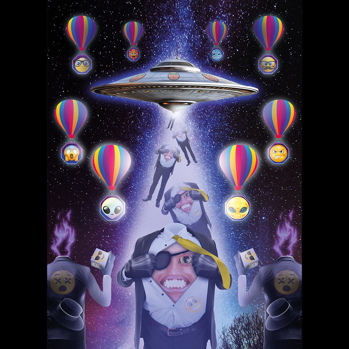 Homme Smiley aspiré dans une soucoupe vollante