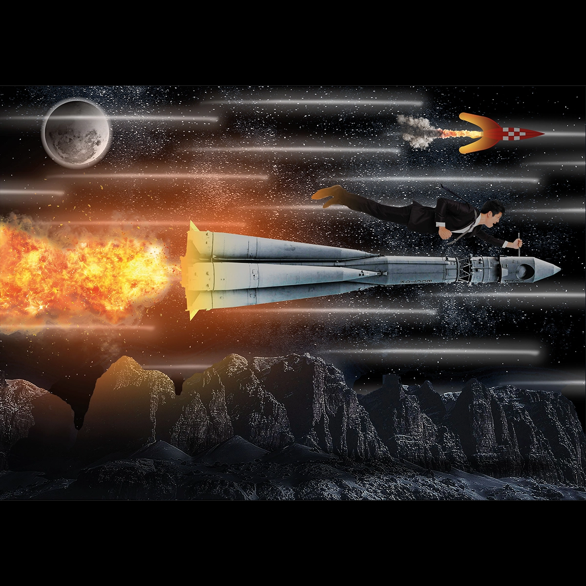 Homme volant sur une fusée dans l'espace